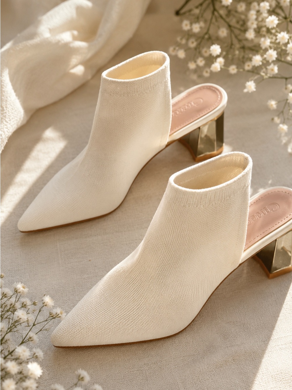 Pointed Toe White Knit Ankle Booties